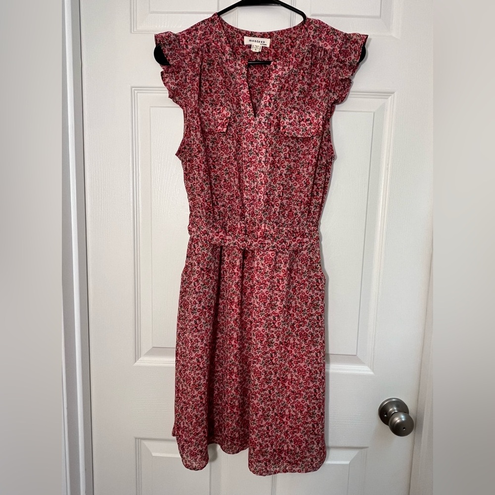 Monteau - Pink floral shirt dress with pockets and waist tie - Size Large